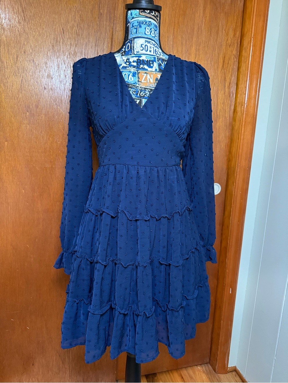 Altar'd State Navy Blue Textured Polka Dotted Long Sleeve Dress
